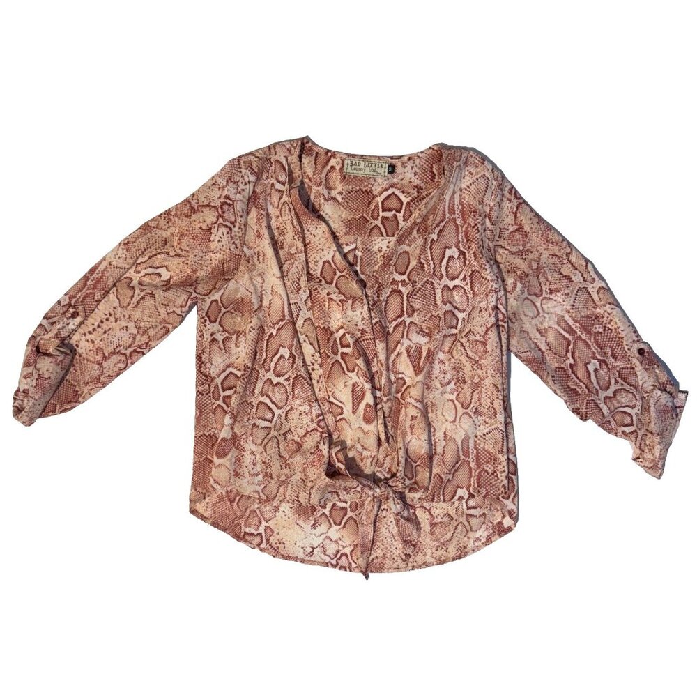 Bad Little Country Girl Snake Print Tunic Top Blouse M Tie Front Roll Tab Sleeve